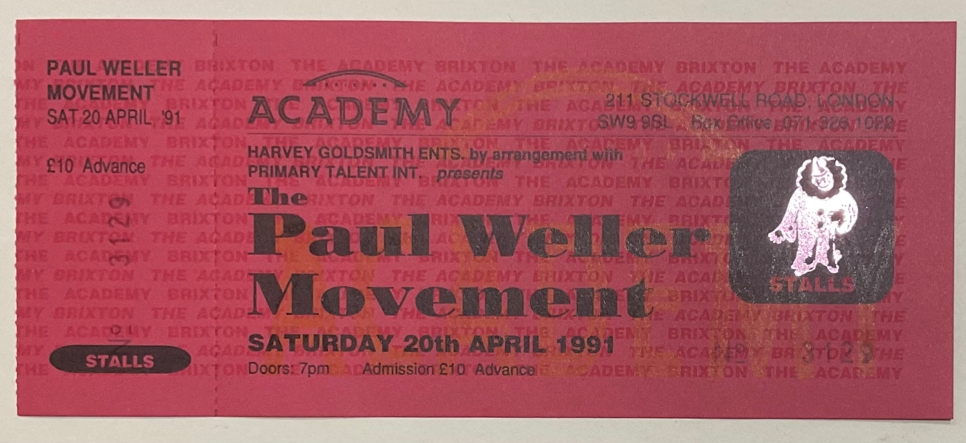Paul Weller Movement Original Early Unused Concert Ticket Brixton Academy London 20th Apr 1991