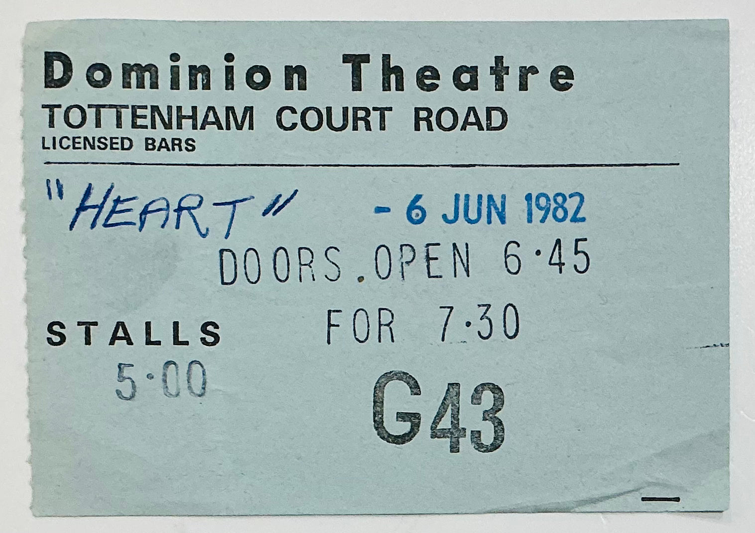 Heart Original Used Concert Ticket Dominion Theatre London 6th Jun 1982