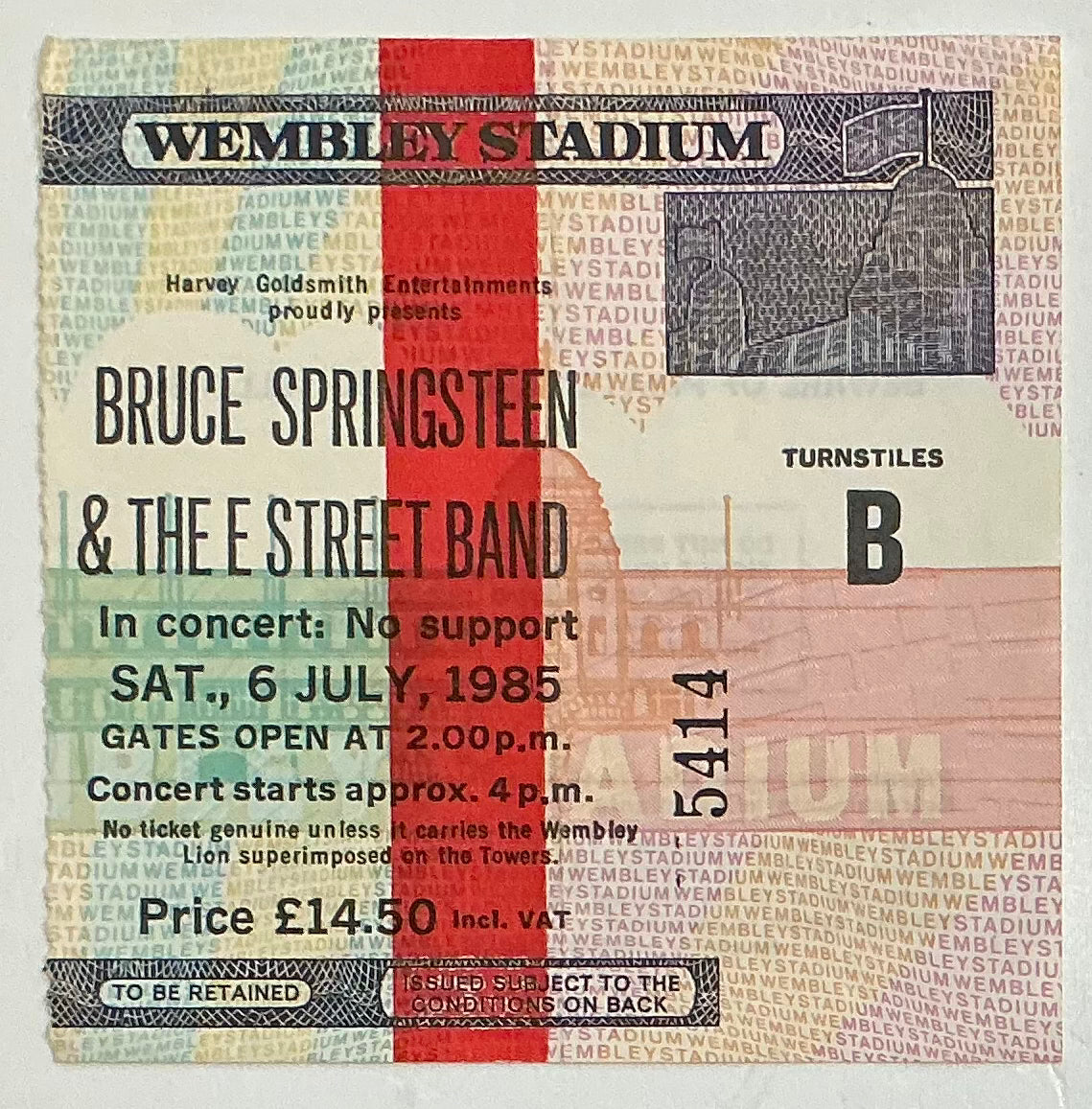 Bruce Springsteen Original Used Concert Ticket Wembley Stadium London 6th July 1985