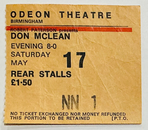 Don McLean Original Used Concert Ticket Odeon Theatre Birmingham 17th May 1975