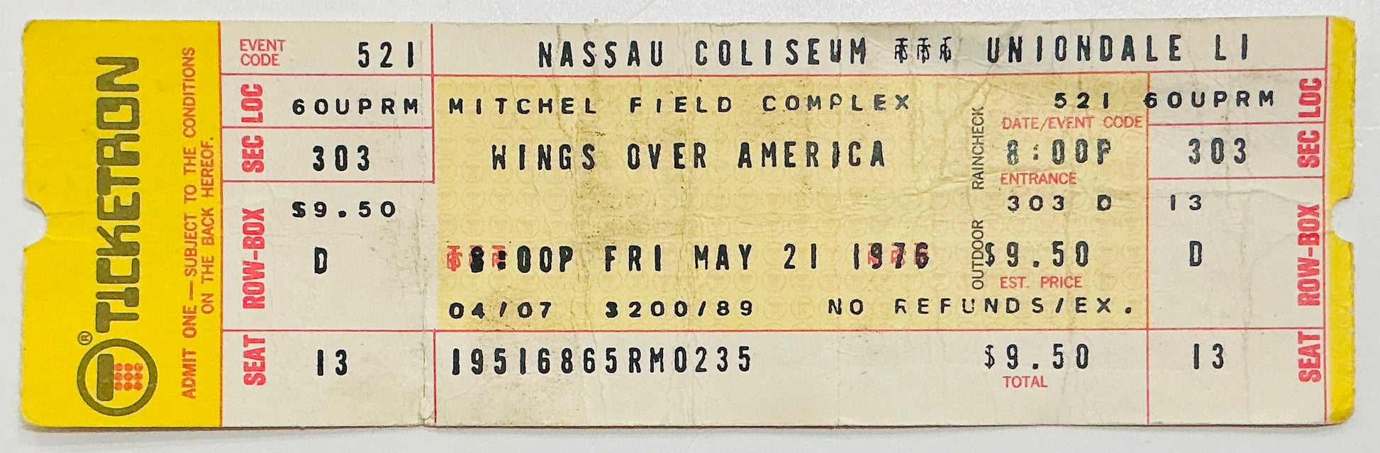Beatles Paul McCartney Wings Original Unused Concert Ticket Nassau Coliseum Uniondale 21st May 1976