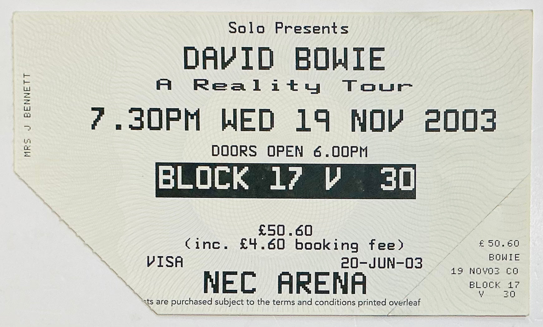 David Bowie Original Used Concert Ticket NEC Arena Birmingham 19th Nov 2003
