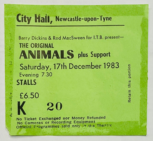 Animals Original Used Concert Ticket City Hall Newcastle 17th Dec 1983