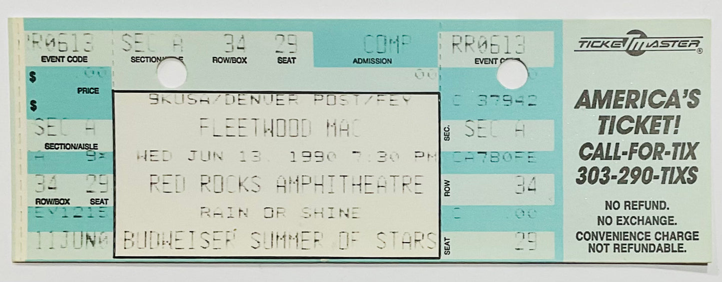 Fleetwood Mac Original Unused Concert Ticket Red Rocks Amphitheatre Morrison 13th Jun 1990