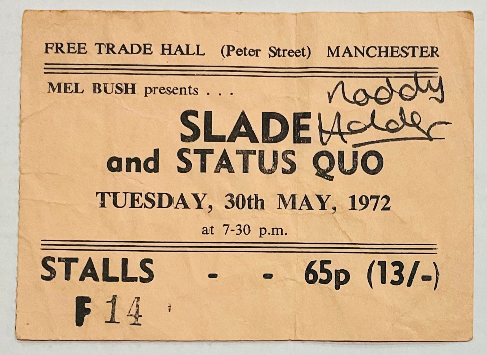 Slade Status Quo Original Signed Concert Ticket Free Trade Hall Manchester 30th May 1972