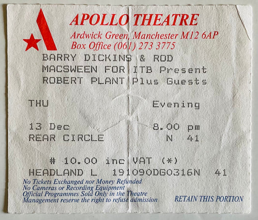 Led Zeppelin Robert Plant Original Used Concert Ticket Apollo Theatre Manchester 13th Dec 1990