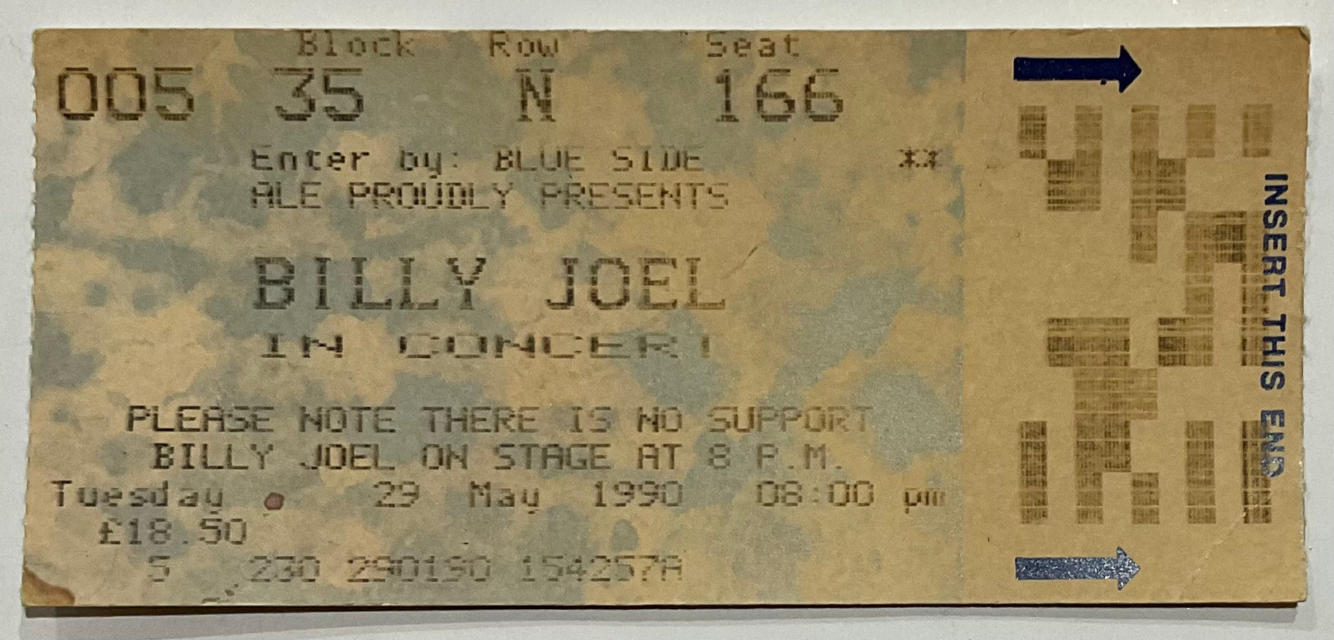 Billy Joel Original Used Concert Ticket Wembley Arena London 29th May 1990