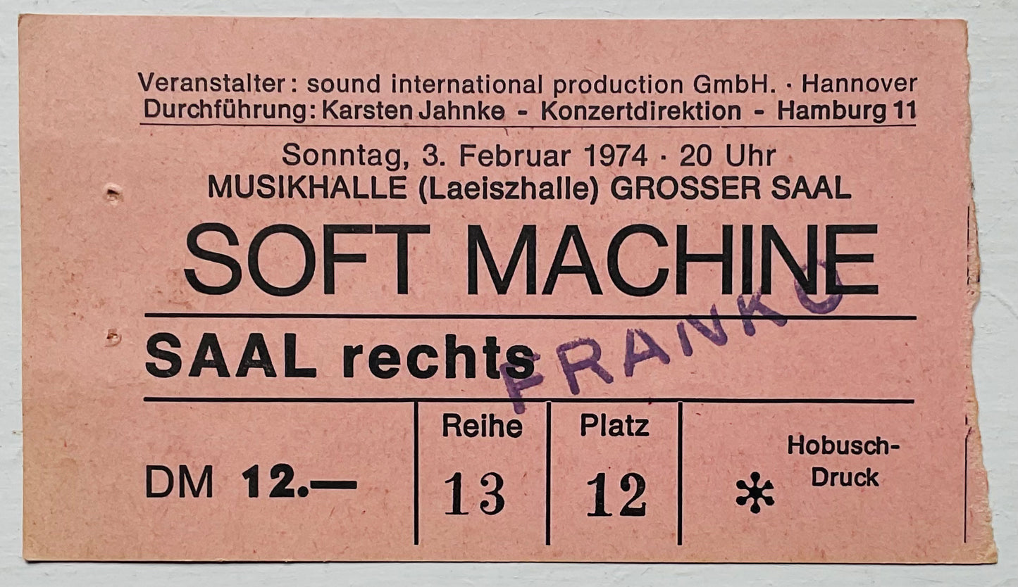 Soft Machine Original Used Concert Ticket Musikhalle Hamburg 3rd Feb 1974