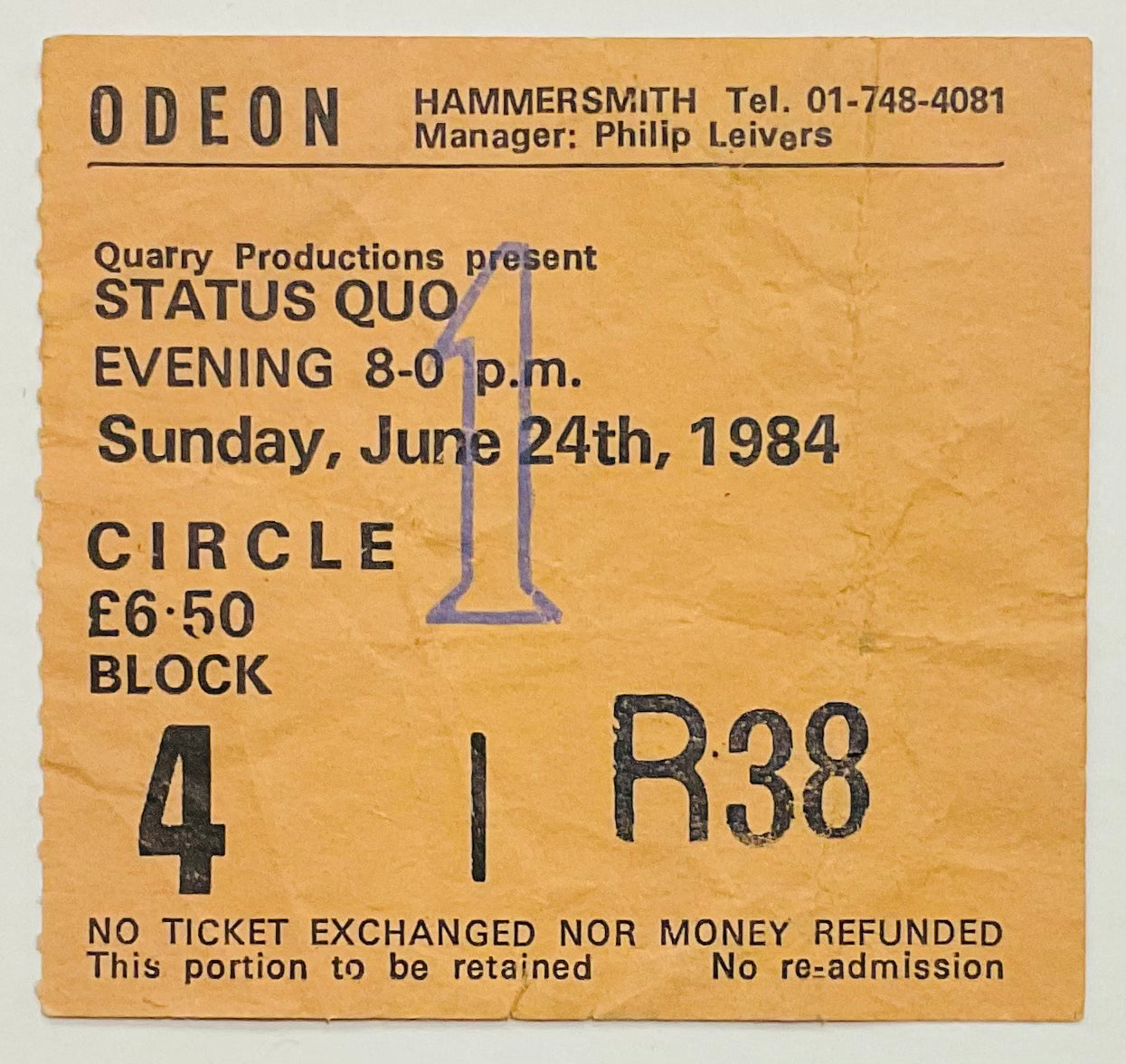 Status Quo Original Used Concert Ticket Hammersmith Odeon London 24th Jun 1984