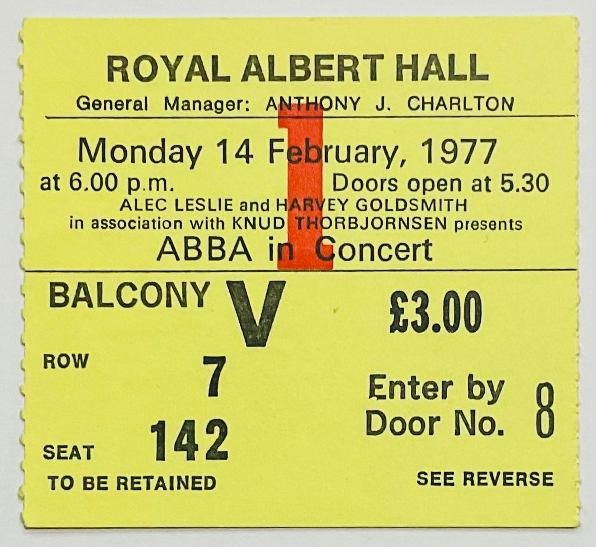 ABBA Original Used Concert Ticket Royal Albert Hall London 14th Feb 1977