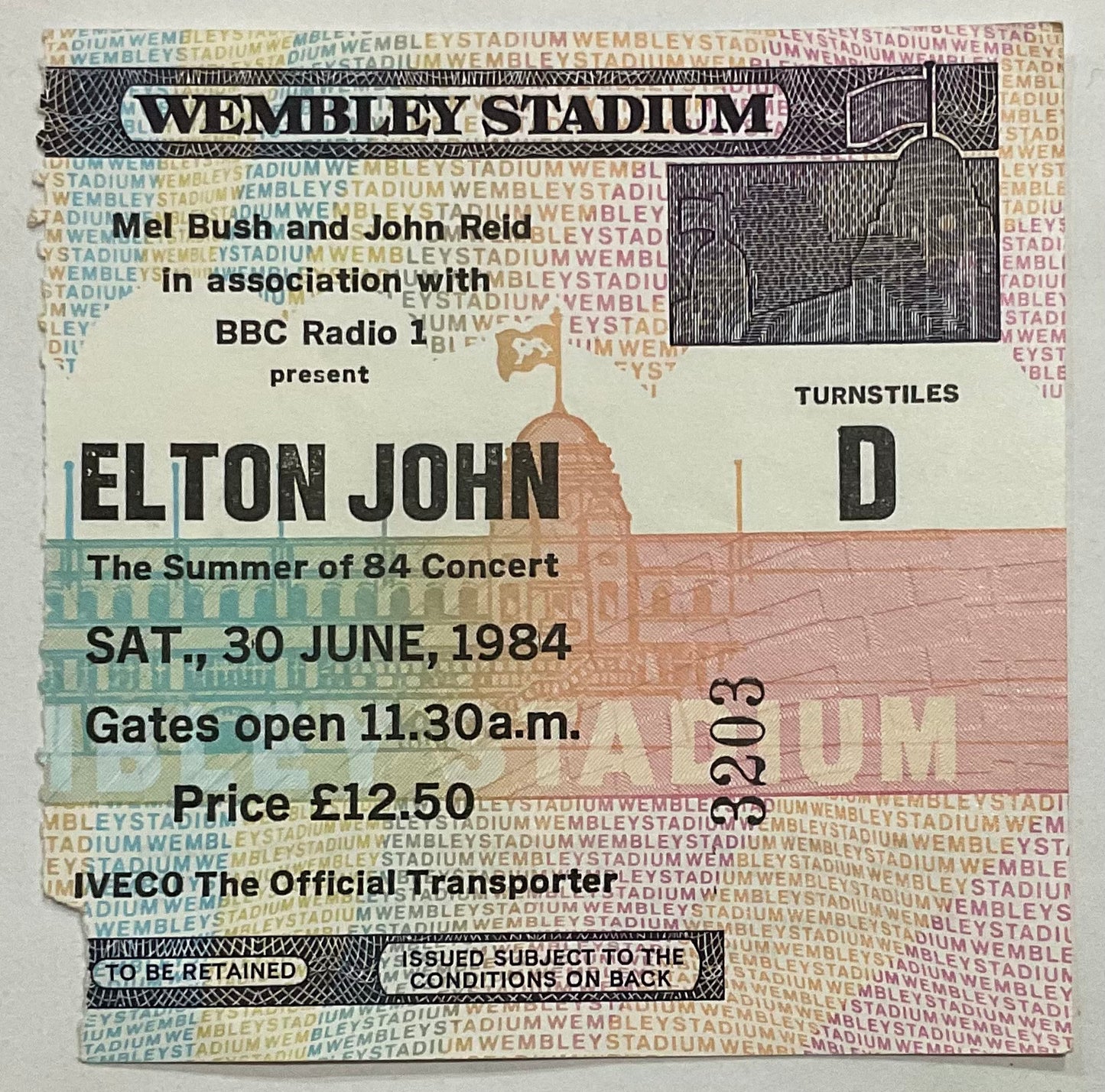 Elton John Original Used Concert Ticket Wembley Stadium London 30th June 1984