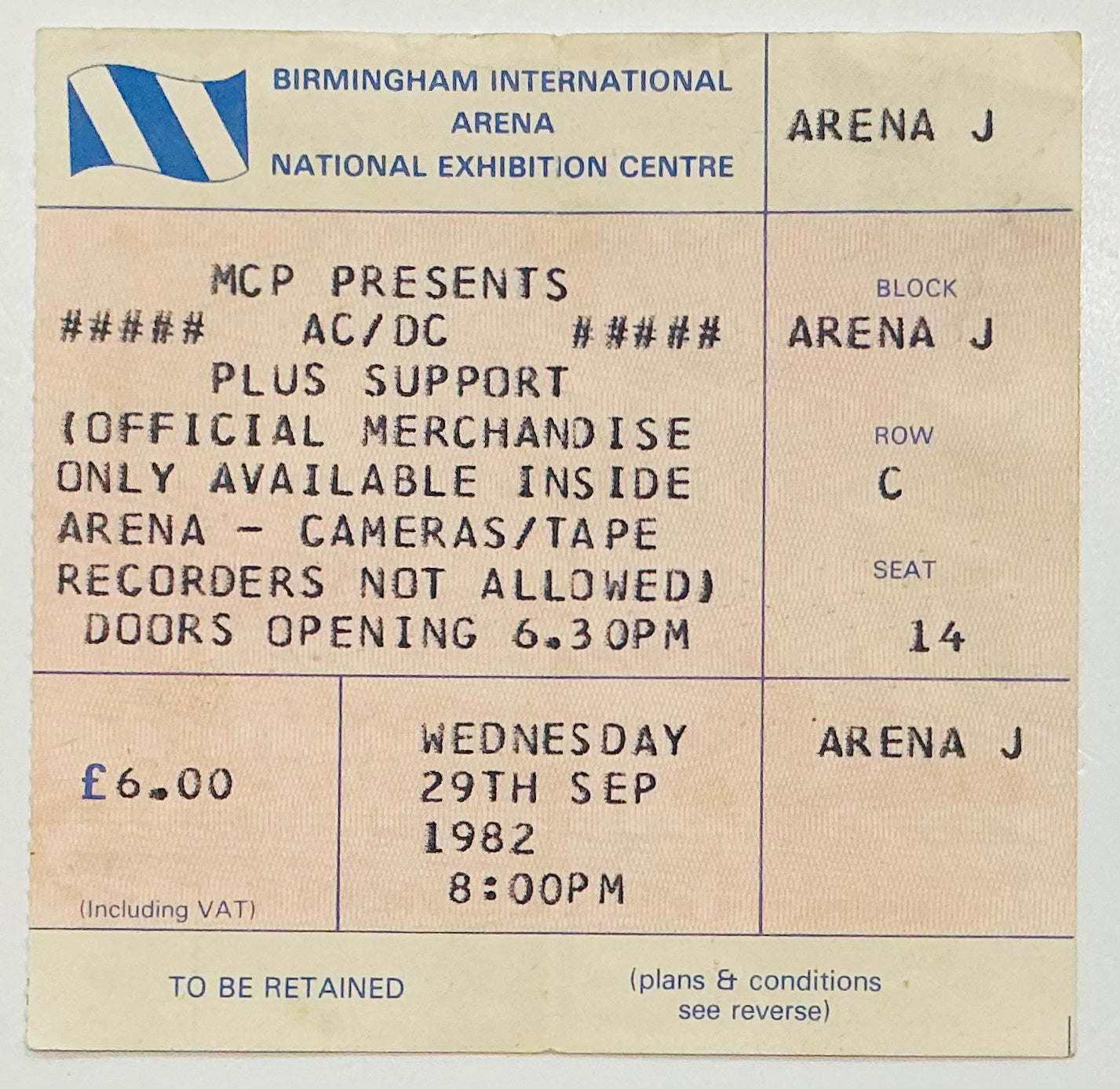 AC/DC Original Used Concert Ticket NEC Arena Birmingham 29th Sept 1982