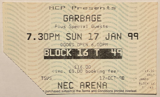 Garbage Original Used Concert Ticket NEC Arena Birmingham 17th Jan 1999