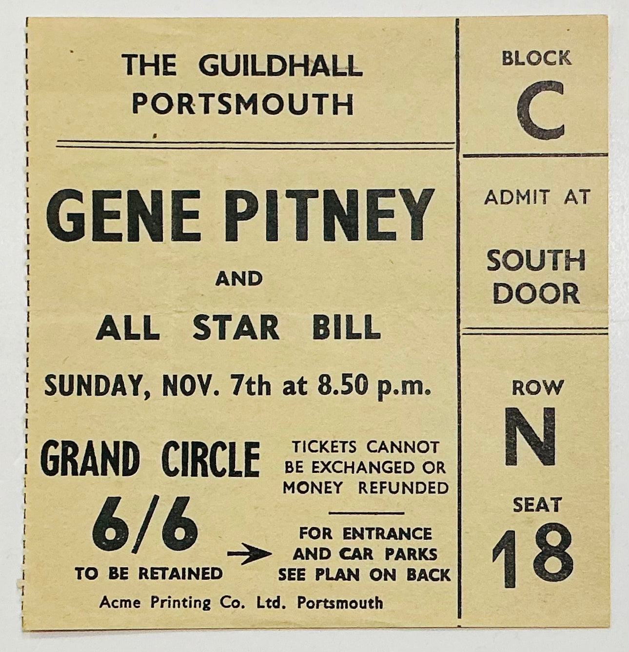 Gene Pitney Lulu Original Used Concert Ticket Guildhall Portsmouth 7th Nov 1965