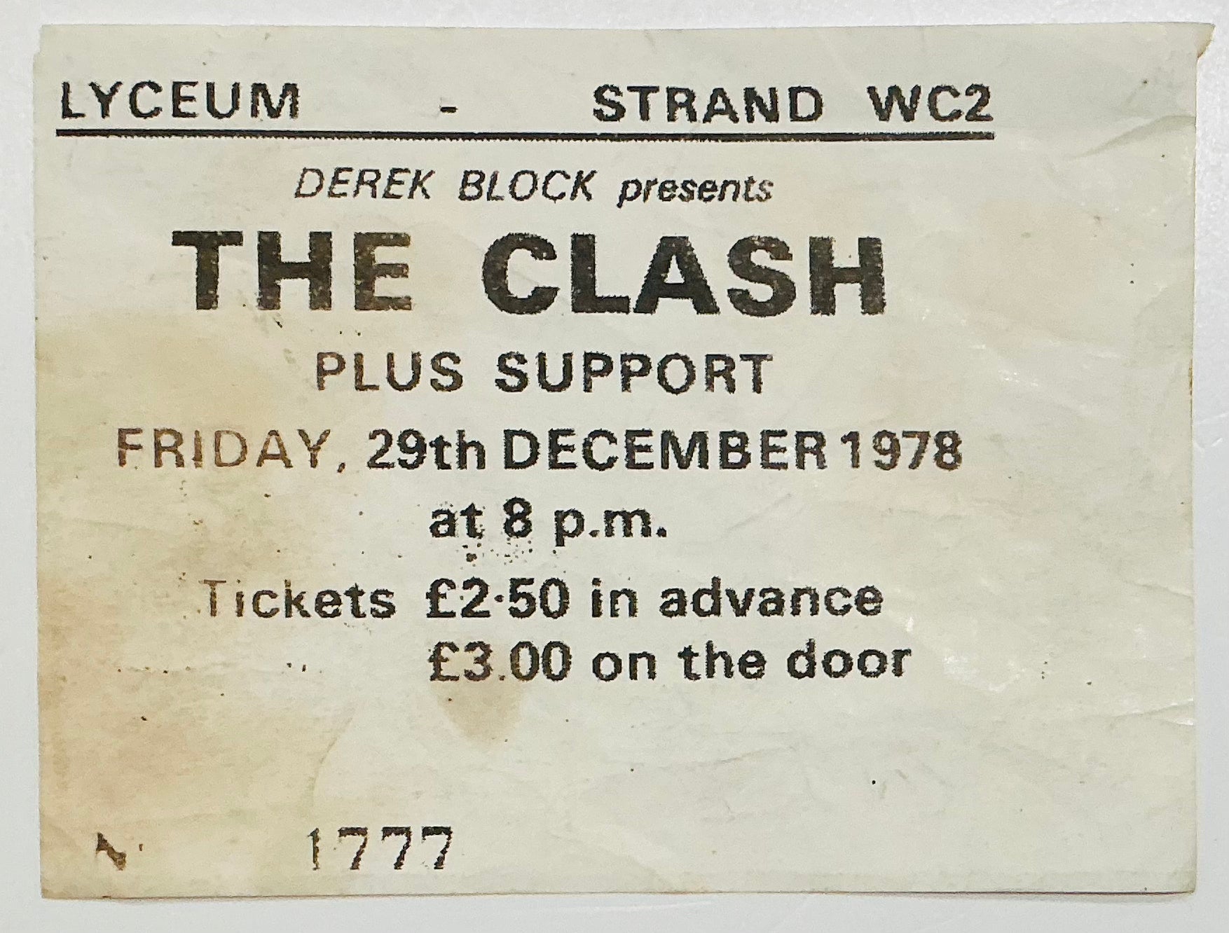Clash Original Concert Ticket Lyceum London 29th Dec 1978
