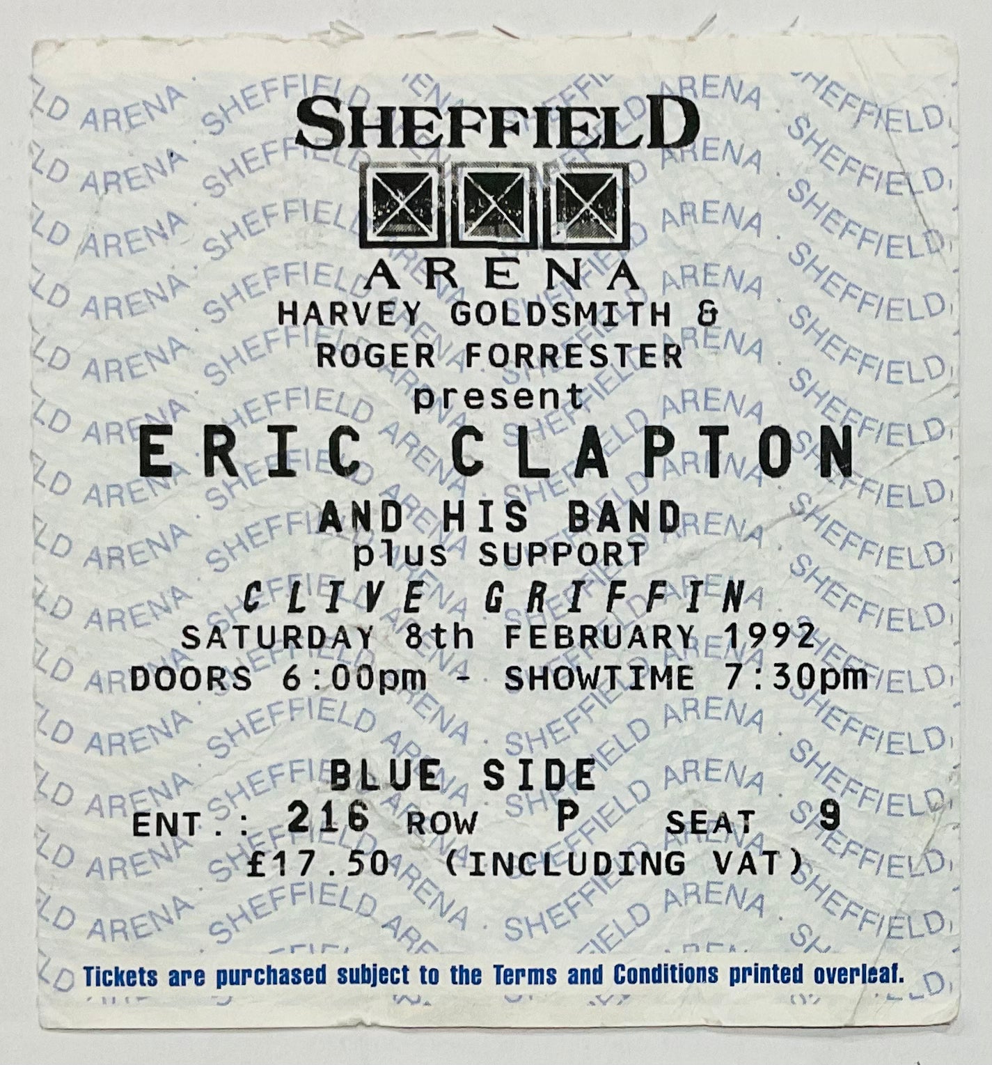 Eric Clapton Original Used Concert Ticket Sheffield Arena 8th Feb 1992