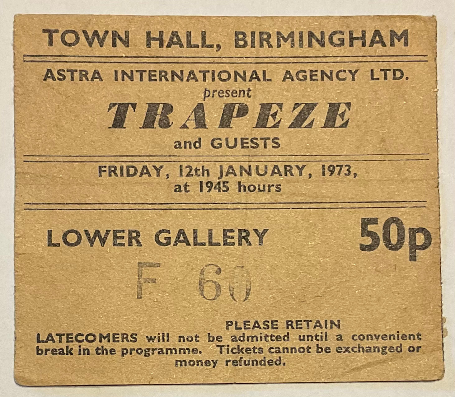Trapeze Original Used Concert Ticket Town Hall Birmingham 12th Jan 1973
