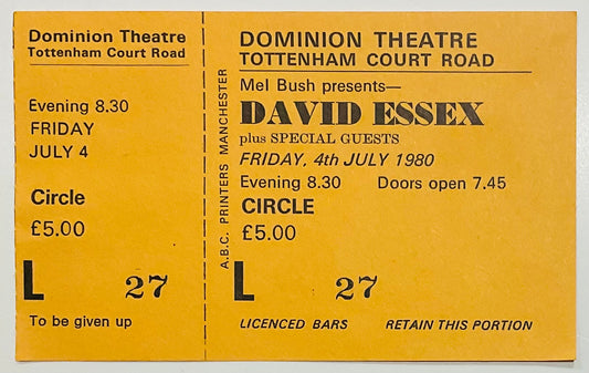 David Essex Original Unused Concert Ticket Dominion Theatre London 4th Jul 1980