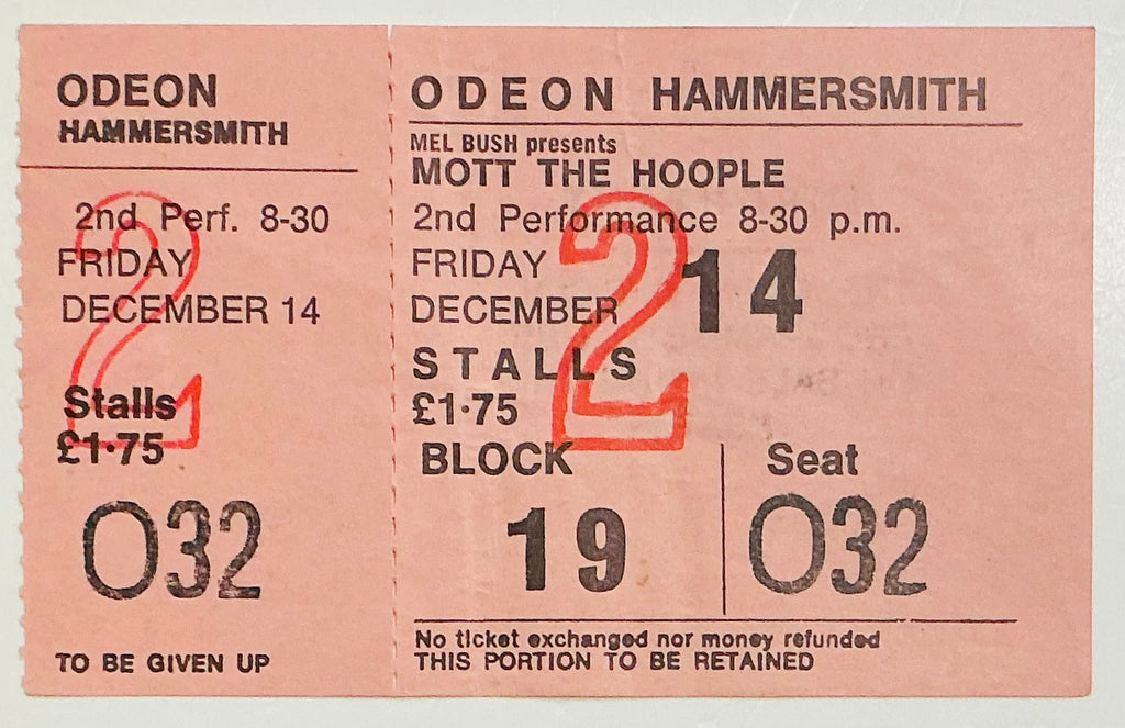 Queen Mott The Hoople Original Early Unused Concert Ticket Hammersmith Odeon London 14th Dec 1973