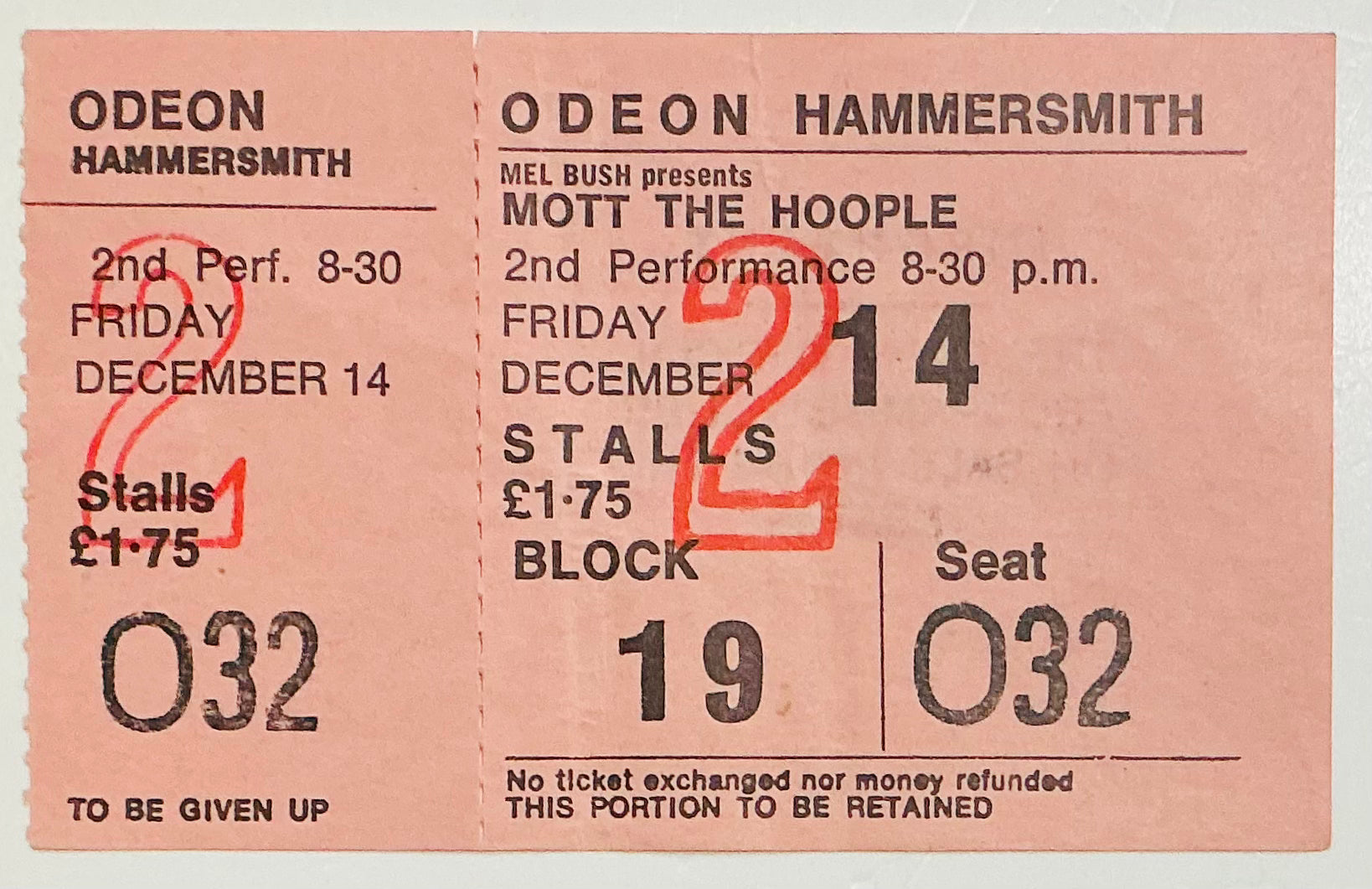 Queen Mott The Hoople Original Early Unused Concert Ticket Hammersmith Odeon London 14th Dec 1973