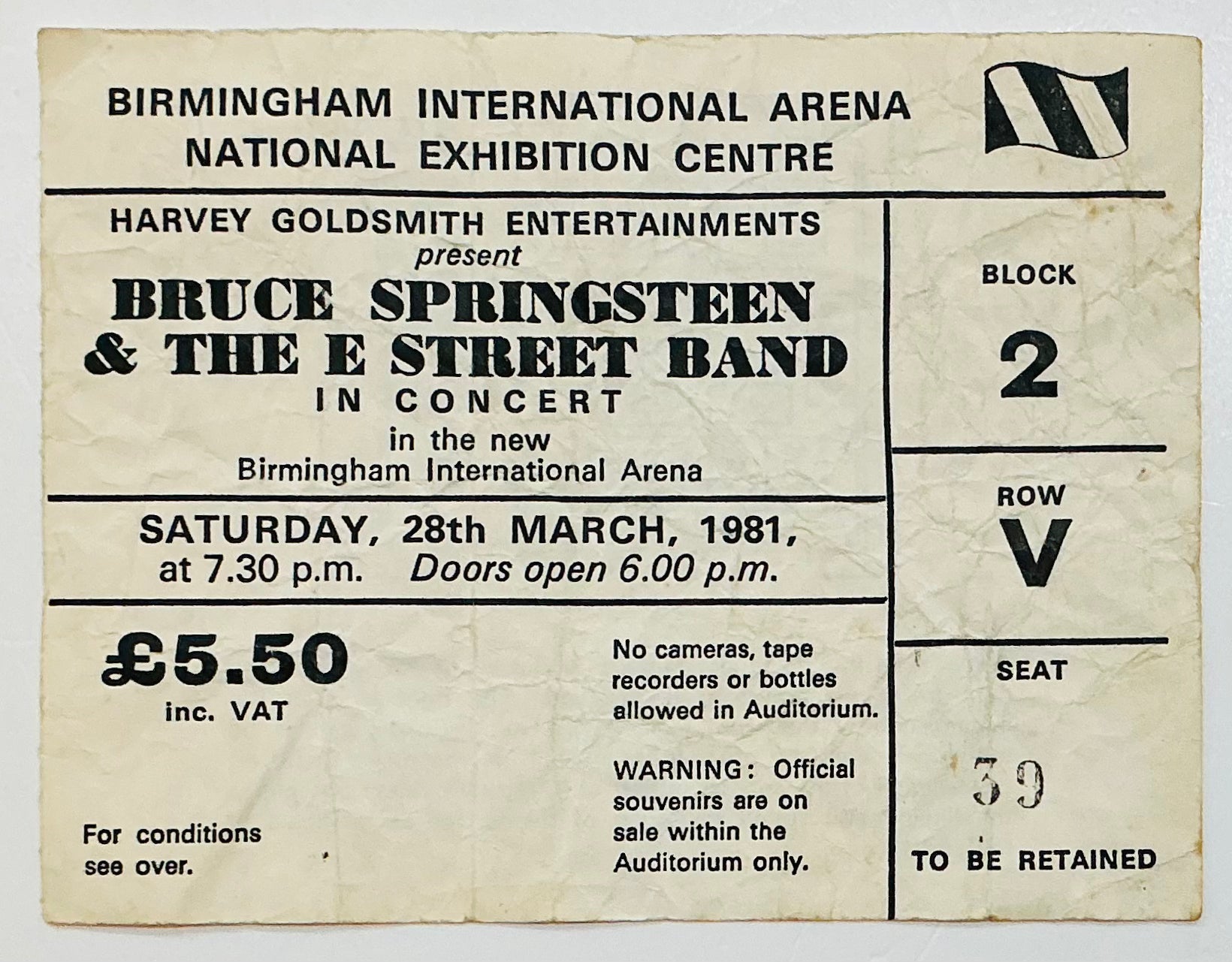 Bruce Springsteen Original Used Concert Ticket NEC Arena Birmingham 28th Mar 1981