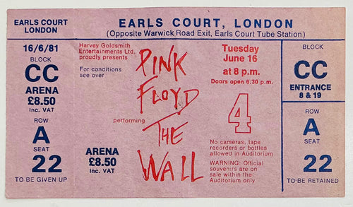 Pink Floyd Original Used Concert Ticket Earls Court London 16th Jun 1981