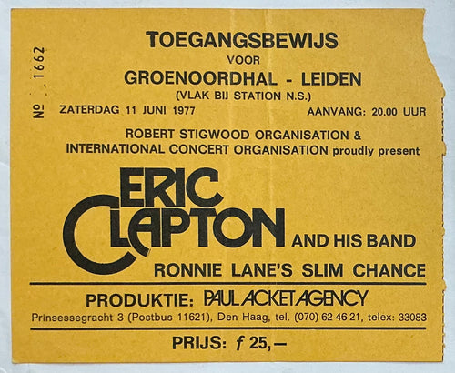 Eric Clapton Original Used Concert Ticket Groenoordhal Leiden 11th Jun 1977