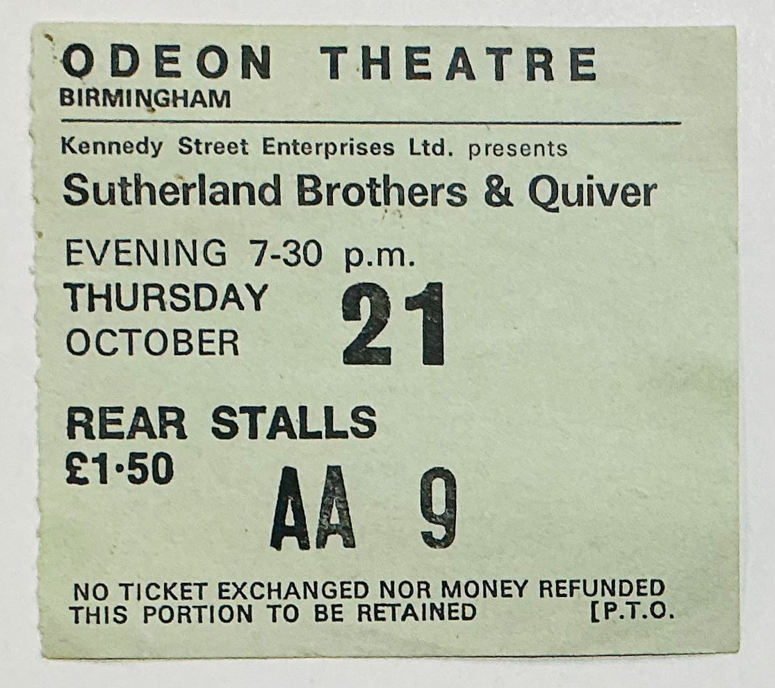 Sutherland Brothers & Quiver Original Used Concert Ticket Odeon Theatre Birmingham 21st Oct 1976