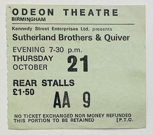 Sutherland Brothers & Quiver Original Used Concert Ticket Odeon Theatre Birmingham 21st Oct 1976