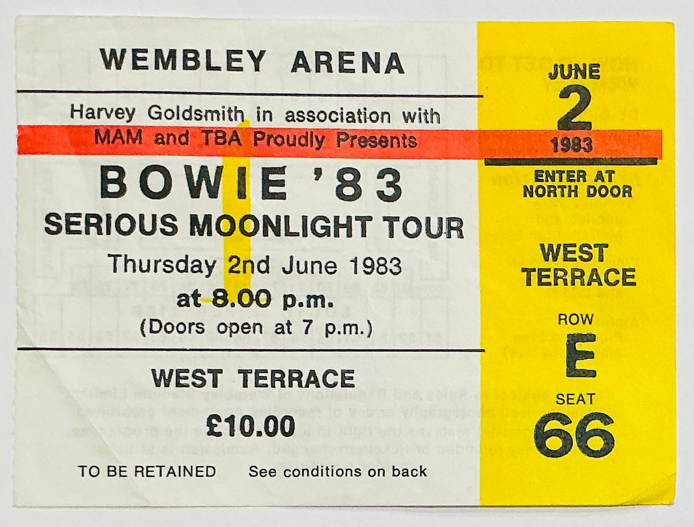 David Bowie Original Used Concert Ticket Wembley Arena London 2nd Jun 1983
