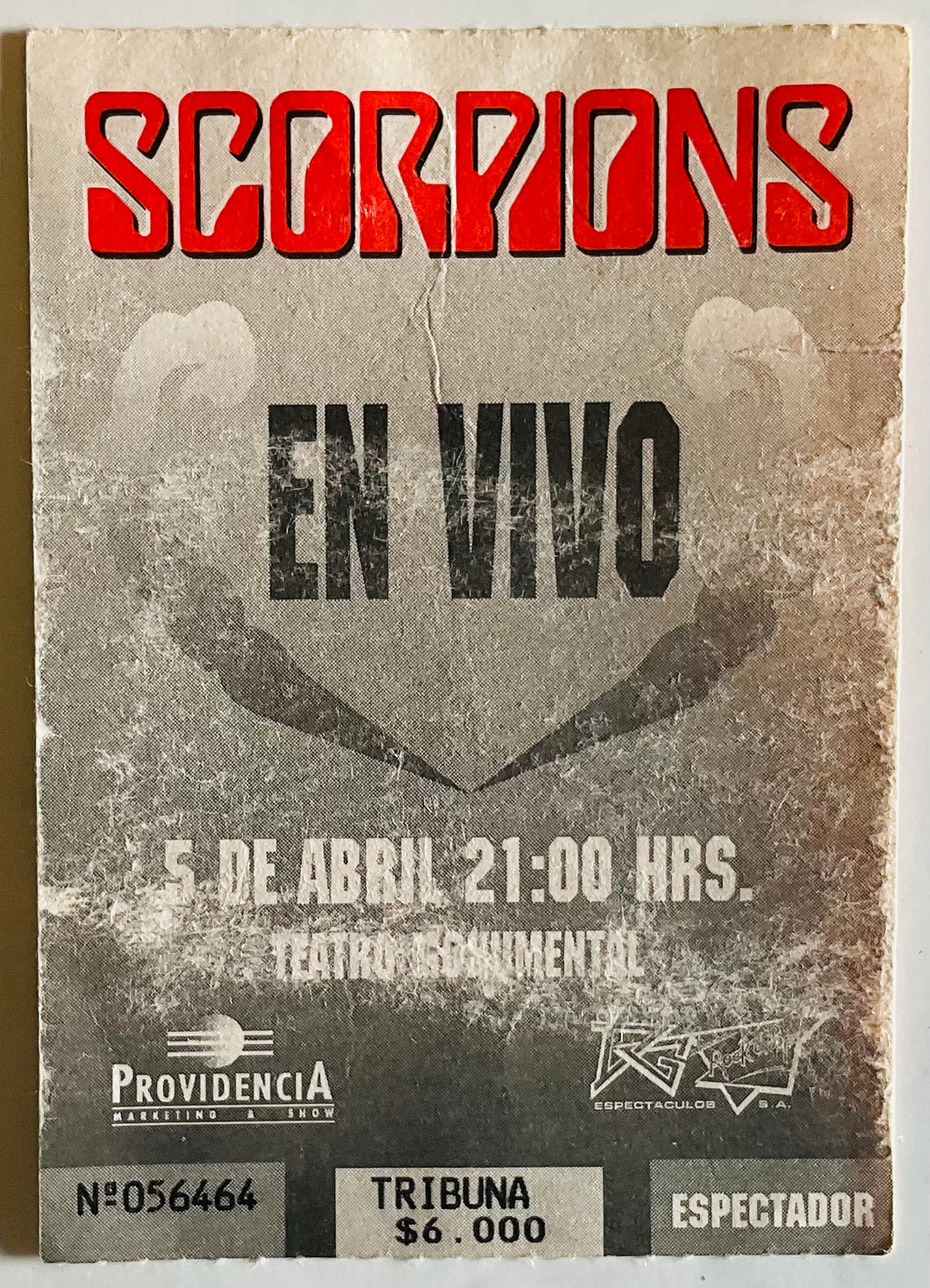 Scorpions Original Used Concert Ticket Teatro Monumental Santiago 5th Apr 1994