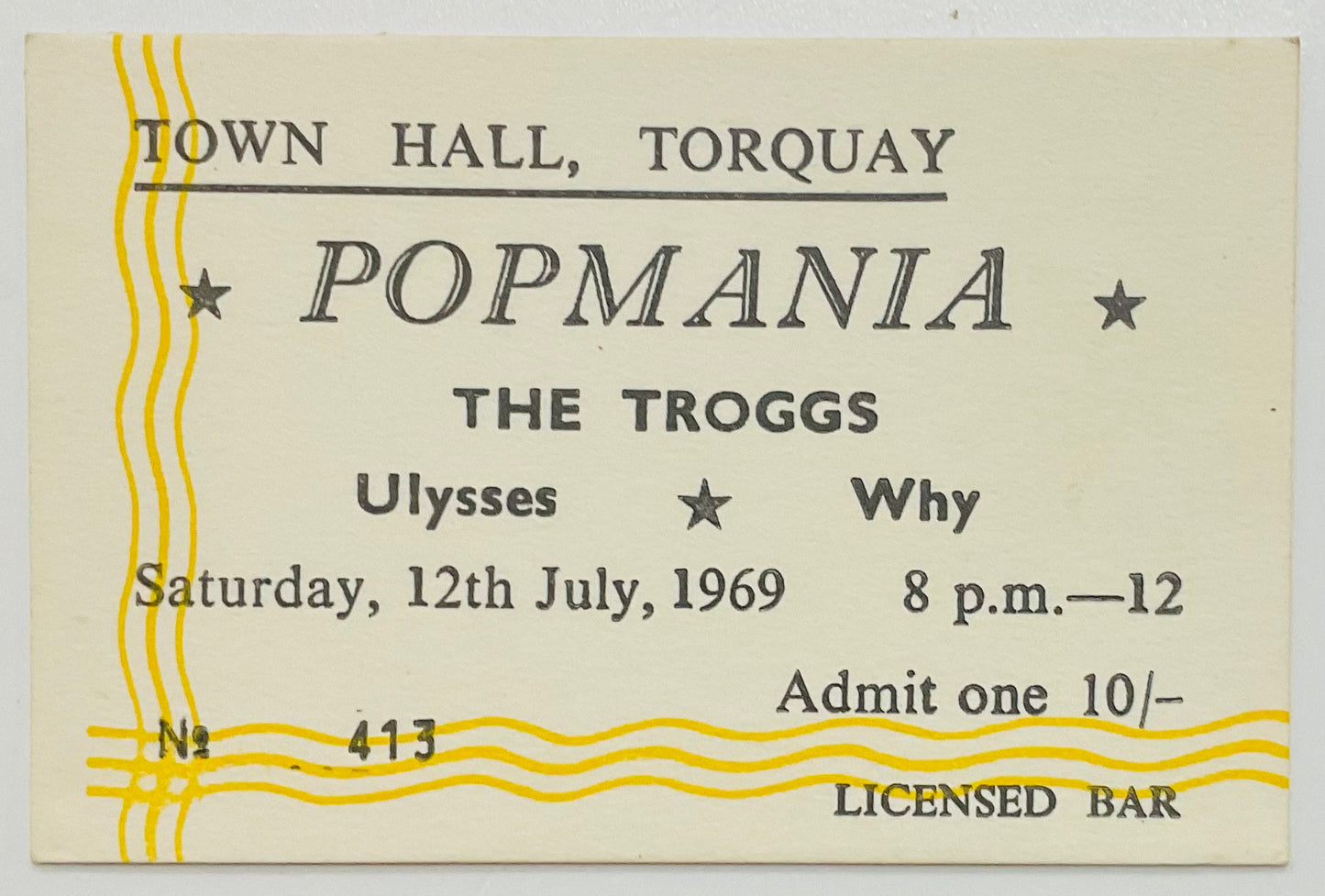 Troggs Ulysses Original Concert Ticket Town Hall Torquay 12th Jul 1969