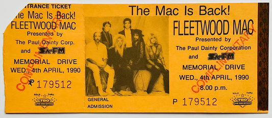 Fleetwood Mac Original Unused Concert Ticket Memorial Drive Park Adelaide 4th Apr 1990