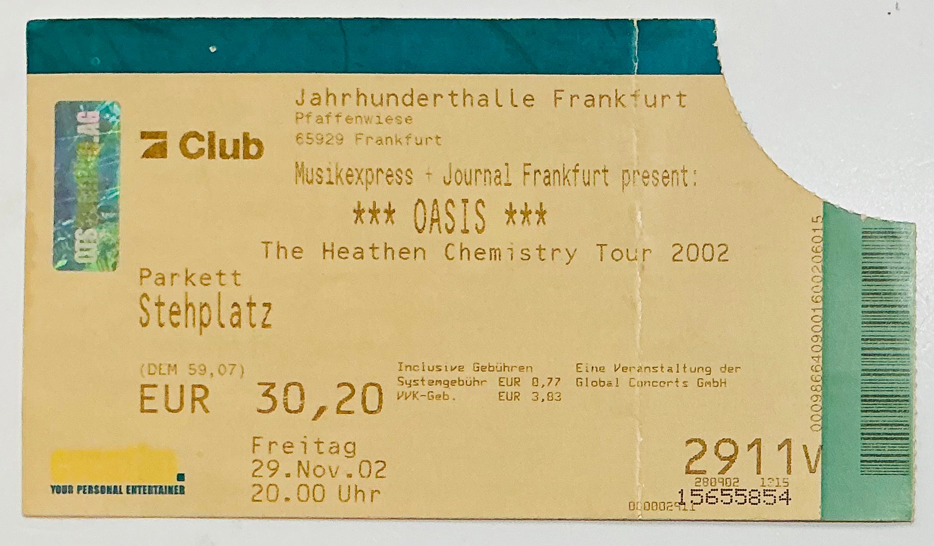 Oasis Original Used Concert Ticket Jahrhunderthalle Frankfurt 29th Nov 2002