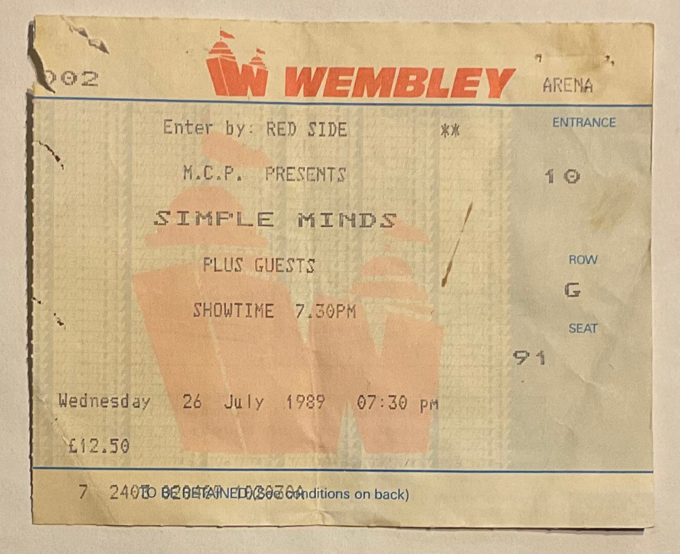 Simple Minds Original Used Concert Ticket Wembley Arena London 26th Aug 1989
