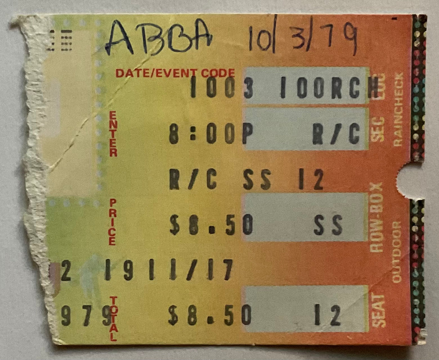 ABBA Original Used Concert Ticket Music Hall Boston 3rd Oct 1979