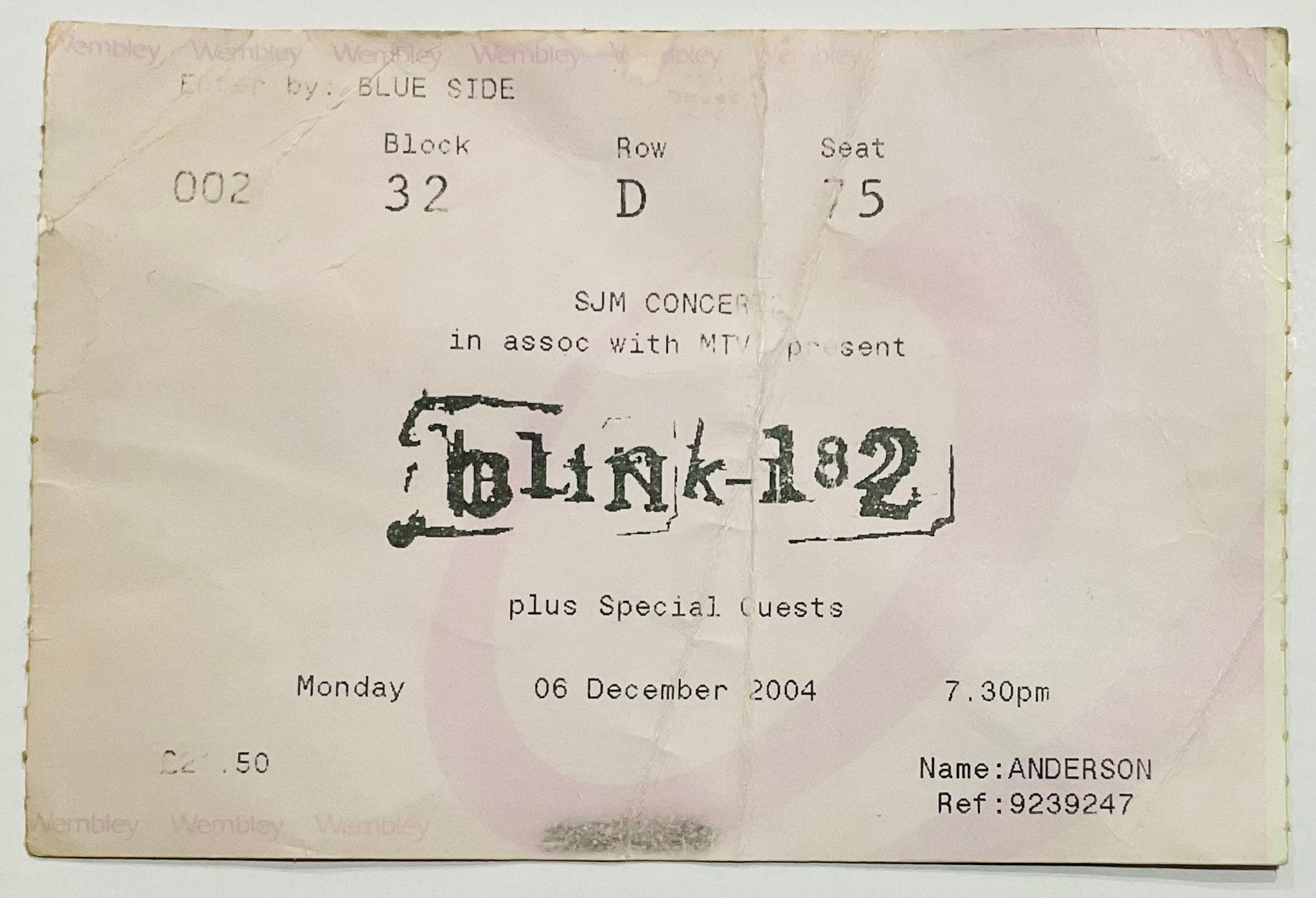 Blink 182 Original Used Concert Ticket Wembley Arena London 6th Dec 2004