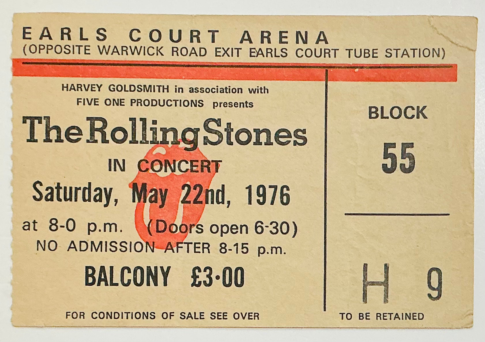 Rolling Stones Original Used Concert Ticket Earl’s Court London 22nd May 1976
