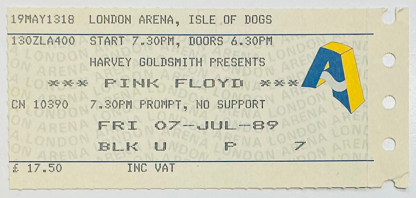 Pink Floyd Original Used Concert Ticket London Arena 7th July 1989