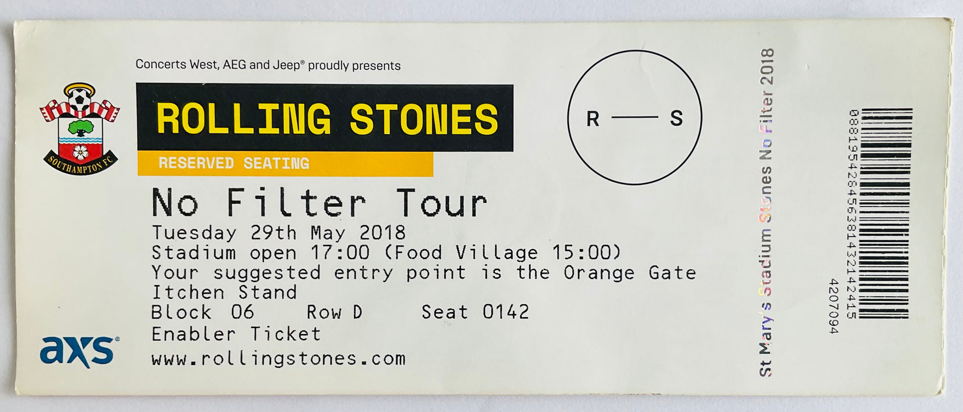 Rolling Stones Original Unused Concert Ticket St. Mary’s Stadium Southampton 29th May 2018