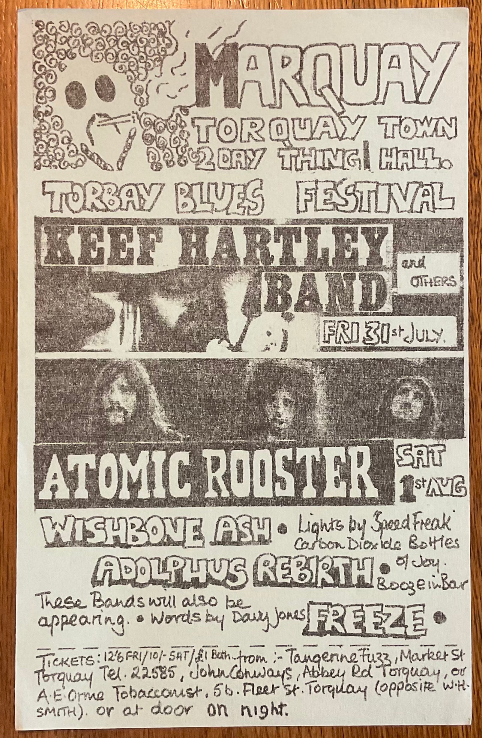Keef Hartley Atomic Rooster Wishbone Ash Original Concert Handbill Flyer Marquay Town Hall Torquay 1970
