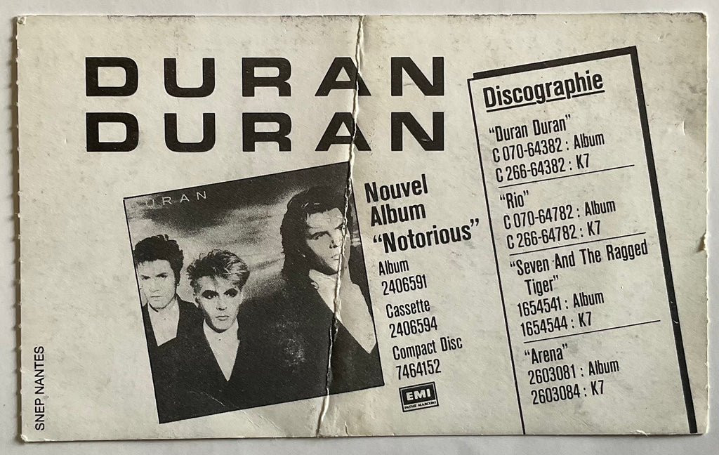 Duran Duran Original Used Concert Ticket Palais Omnisports de Paris Bercy 2nd Apr 1987