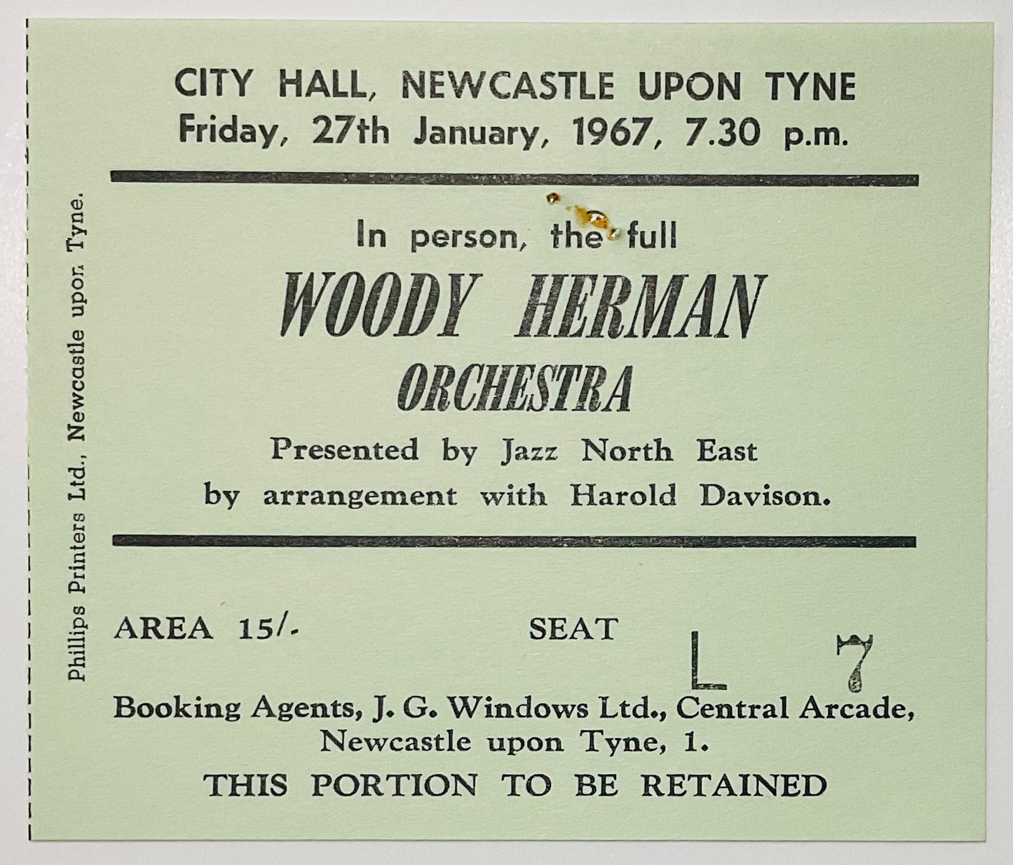 Woody Herman Original Used Concert Ticket City Hall Newcastle 27th Jan 1967