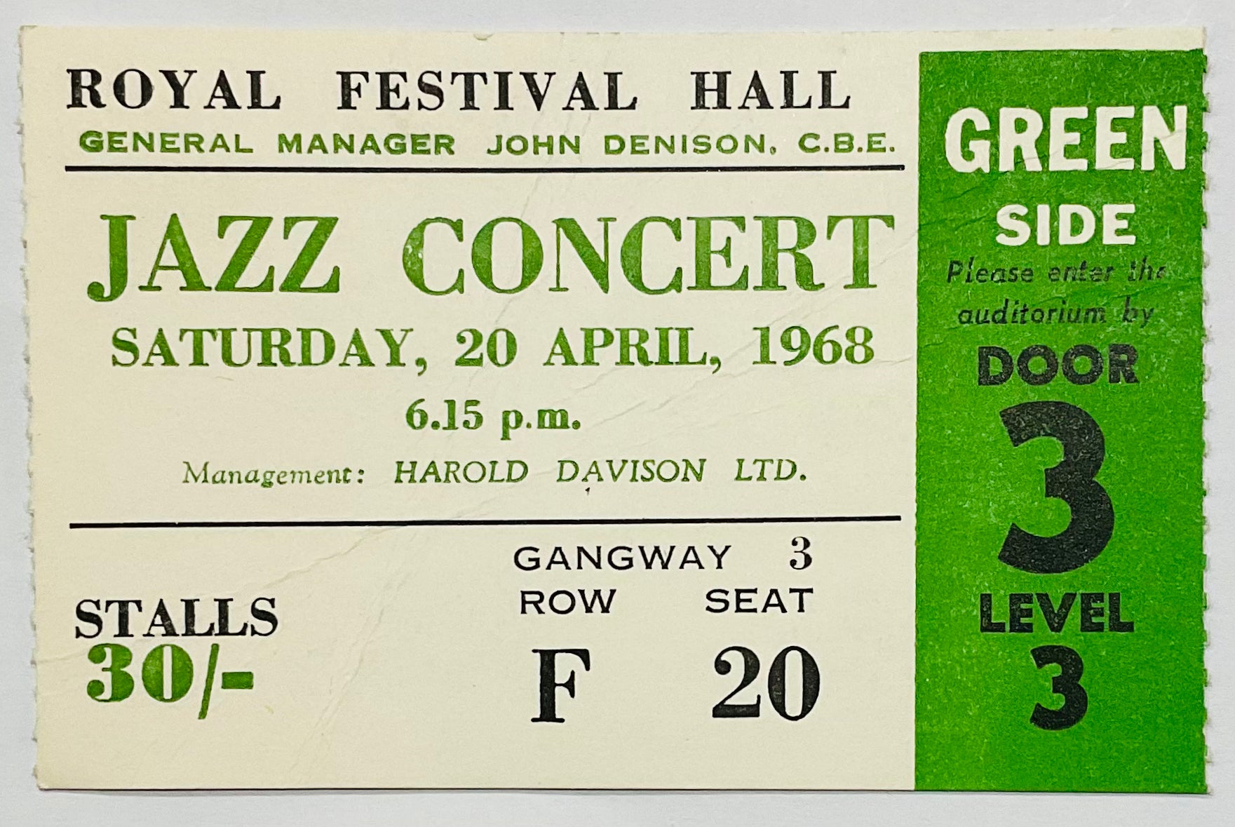 Count Basie Georgie Fame Original Used Concert Ticket Royal Festival Hall London 20th Apr 1968
