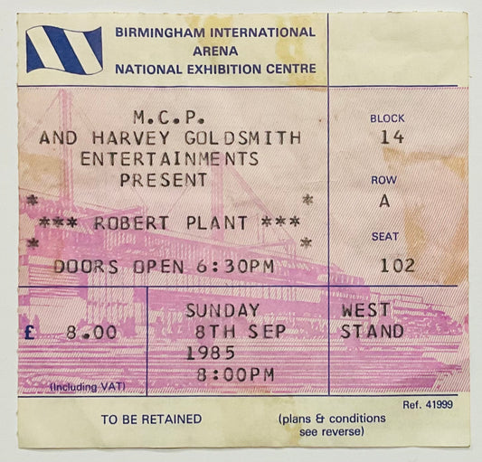 Led Zeppelin Robert Plant Original Used Concert Ticket NEC Arena Birmingham 8th Sep 1985