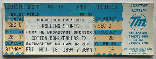 Rolling Stones Original Unused NNMint Concert Ticket Cotton Bowl Dallas 18th Nov 1994