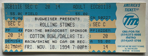 Rolling Stones Original Unused NNMint Concert Ticket Cotton Bowl Dallas 18th Nov 1994