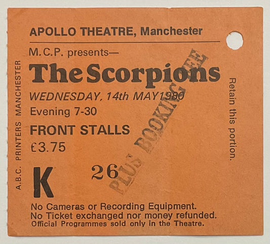 Scorpions Original Used Concert Ticket Apollo Theatre Manchester 14th May 1980