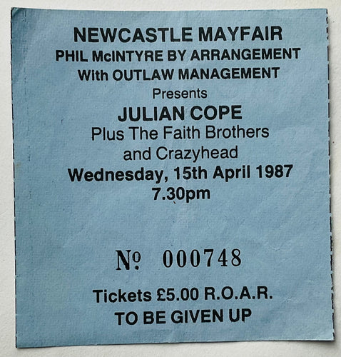Julian Cope Original Used Concert Ticket Mayfair Newcastle 15th Apr 1987