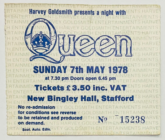 Queen Original Used Concert Ticket New Bingley Hall Stafford 7th May 1978